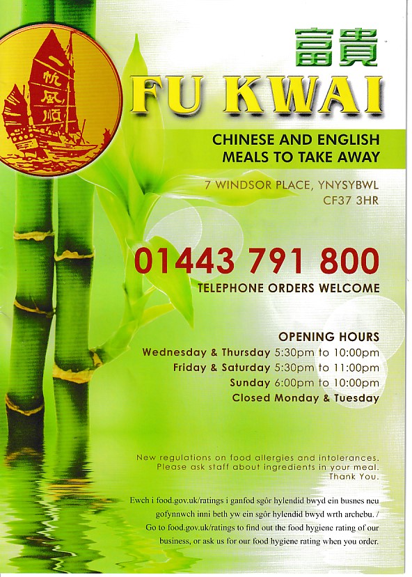 Menu of Fu Kwai chinese takeaway Ynysybwl