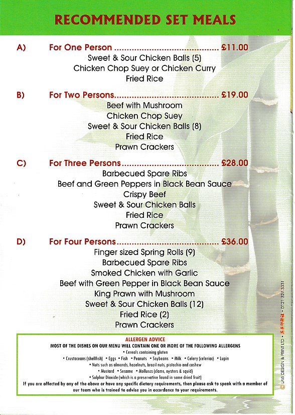 Menu of Fu Kwai chinese takeaway Ynysybwl