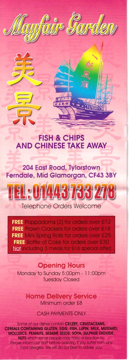 Menu of Mayfair Garden, Chinese Takeaway in Tylerston, Ferndale.