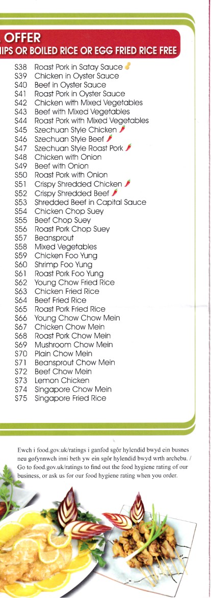 Menu of Mayfair Garden, Chinese Takeaway in Tylerston, Ferndale.