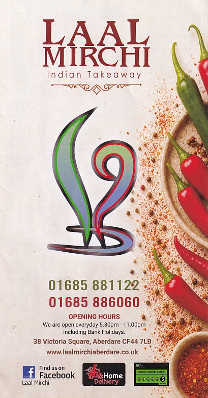 Menu of Laal Mirchi, Indian takeaway Aberdare