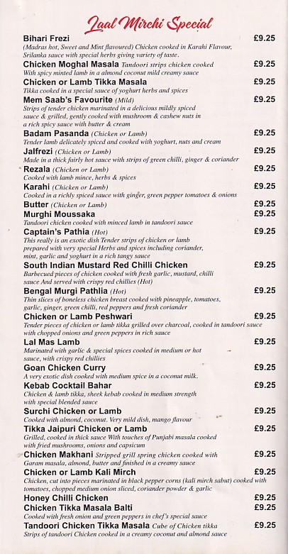 Menu of Laal Mirchi, Indian takeaway Aberdare