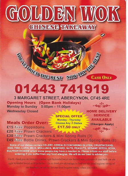 Menu of Golden Wok, Chinese Takeaway in Abercynon